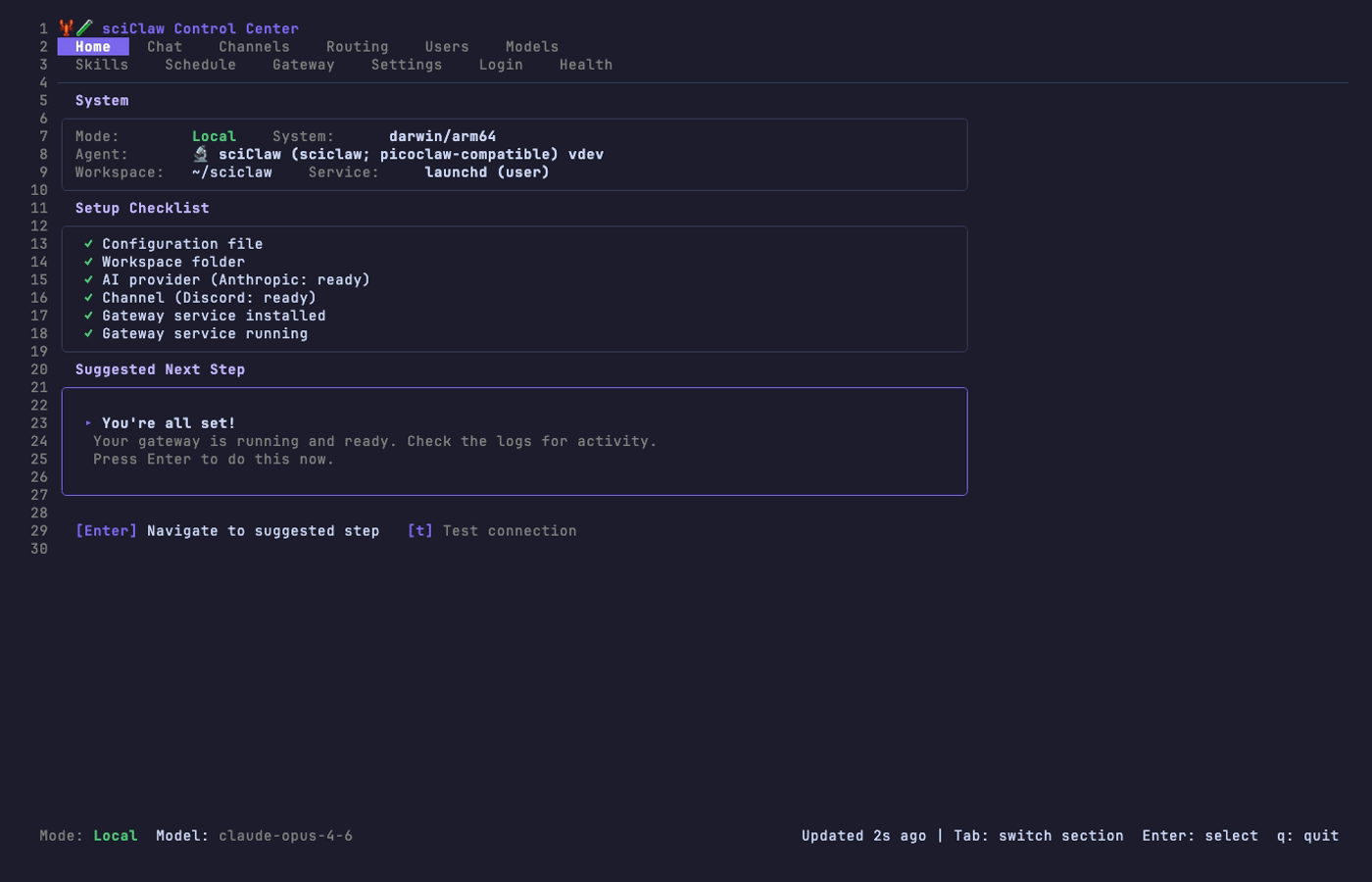 sciClaw TUI — Home tab showing system info, setup checklist, and suggested next step