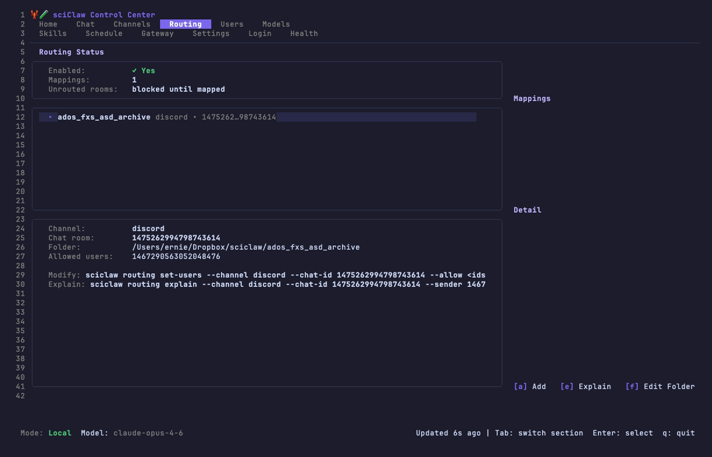 sciClaw TUI — Routing tab showing status, mapping list, and detail panel